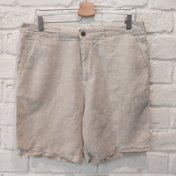 100% Linen Shorts Mens 34 (36) Beige Bermudas by Primark Flat Front 7.5" Inseam - Picture 1 of 10